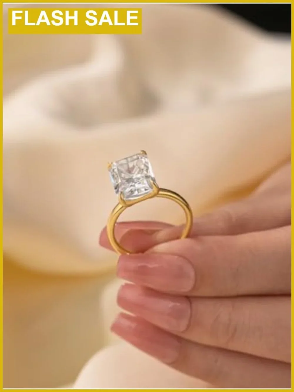 S925 Silver 4.5CT Radiant Cut Solitaire Ring 14K Gold Plated